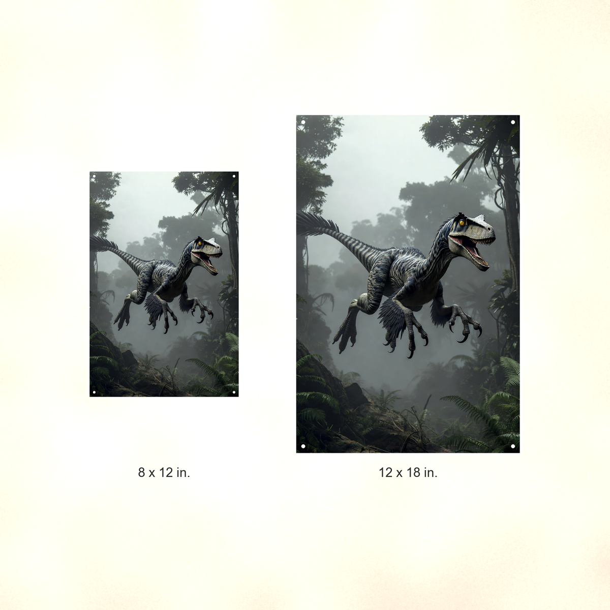 Feathered Raptor Leaping - Dinosaur Metal Sign 8x12 & 12x18, Aluminum Decor — Size options comparison
