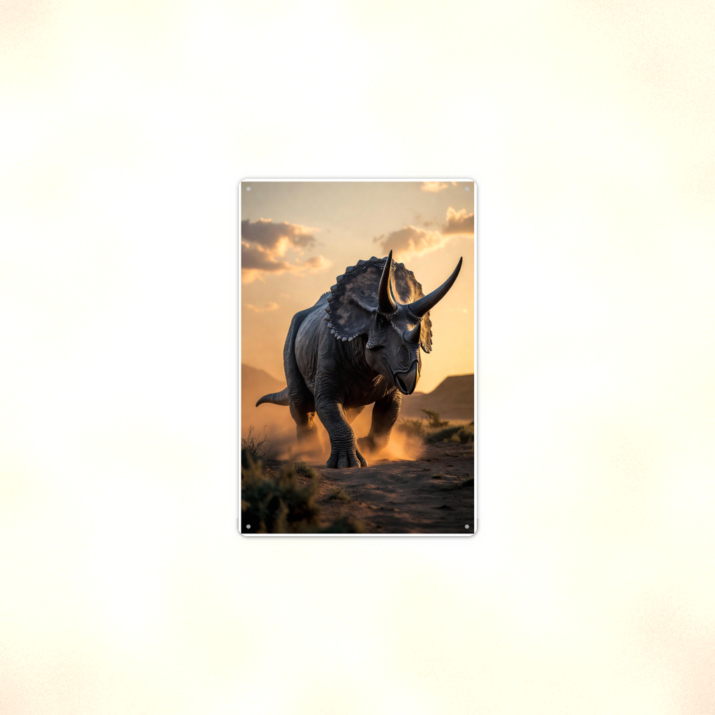 Triceratops Sunset Plains - Dinosaur Metal Sign 8x12 & 12x18, Aluminum Decor — Context view