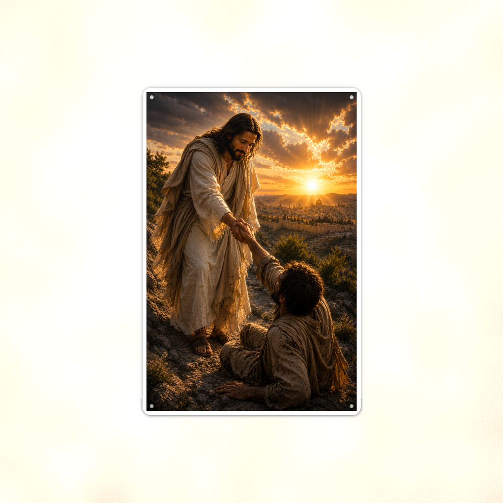 Jesus Lifting A Fallen Man - Christian Metal Sign 8x12 & 12x18 — Full product view