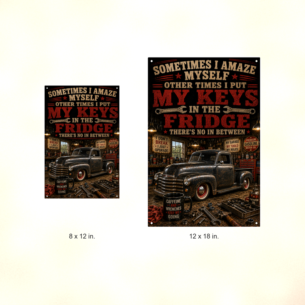 Sometimes I Amaze Myself - Keys In The Fridge, Funny Metal Sign 8x12 & 12x18 — Size options comparison