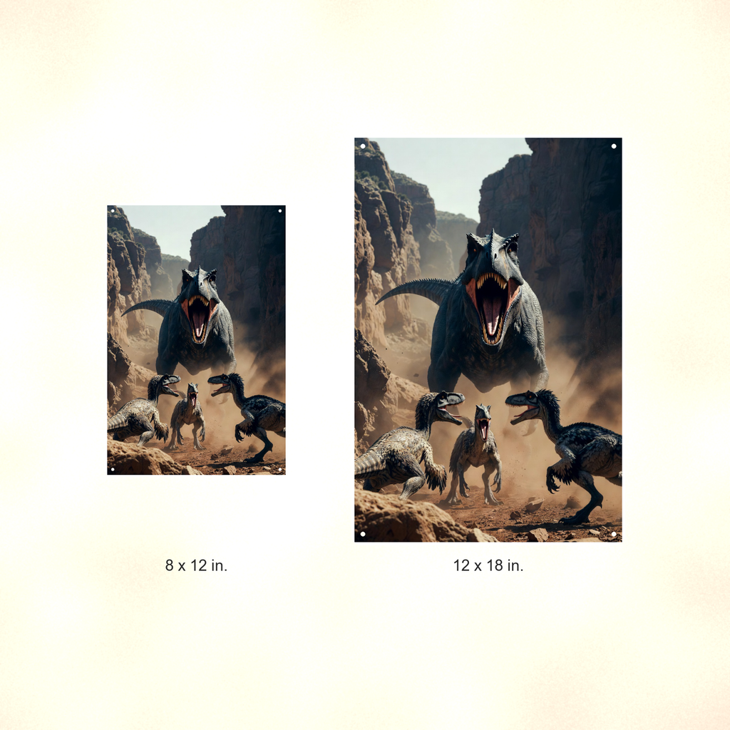 Predator Dinosaur and Raptor Pack, Canyon Scene - Metal Sign 8x12 & 12x18 — Size options comparison