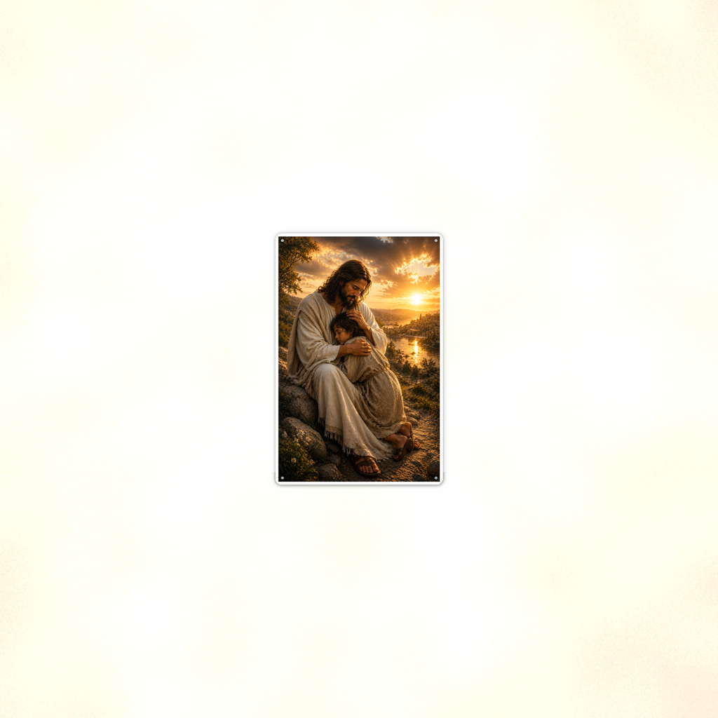 Jesus Comforting A Child - Christian Metal Sign 8x12 & 12x18 — Room display