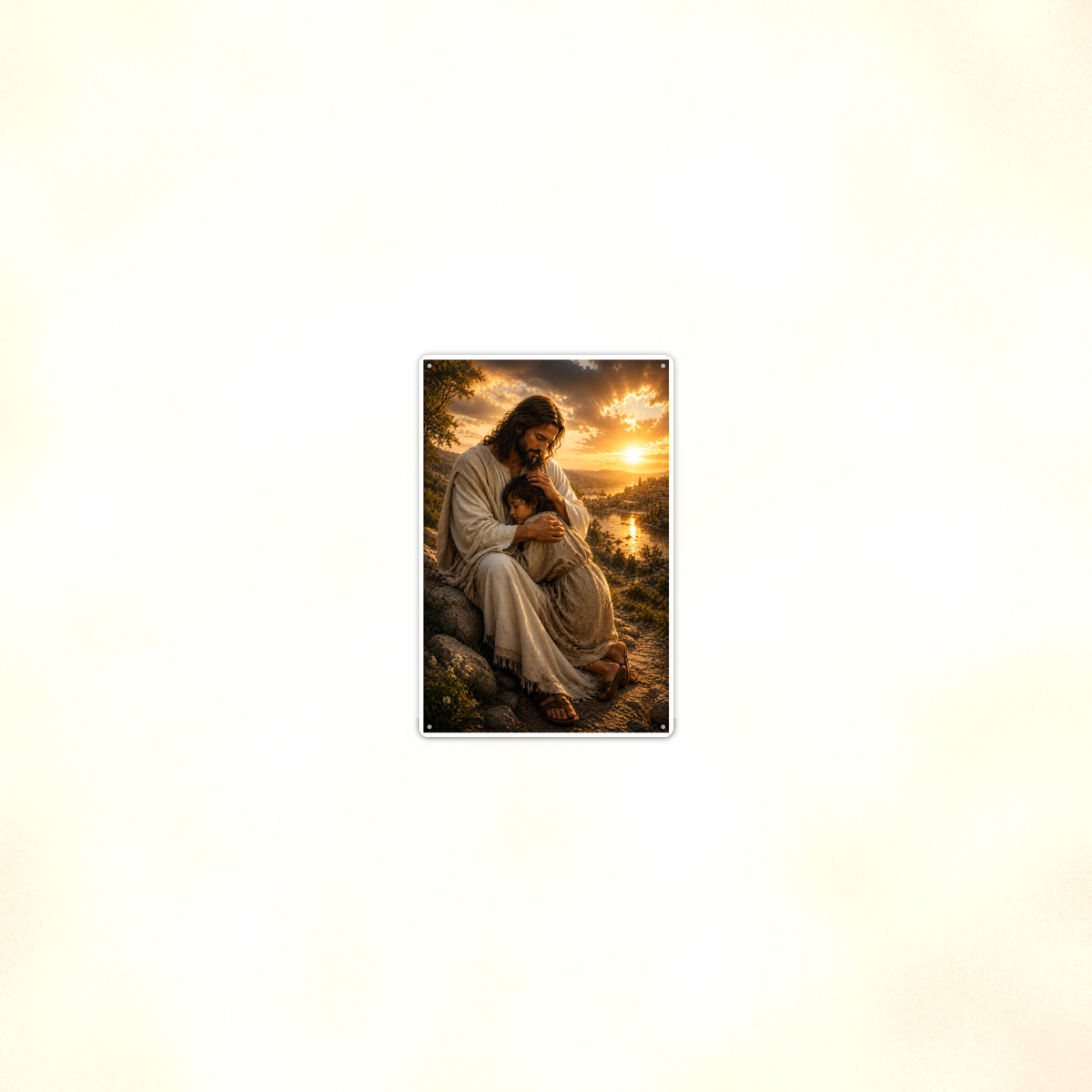 Jesus Comforting A Child - Christian Metal Sign 8x12 & 12x18 — Room display