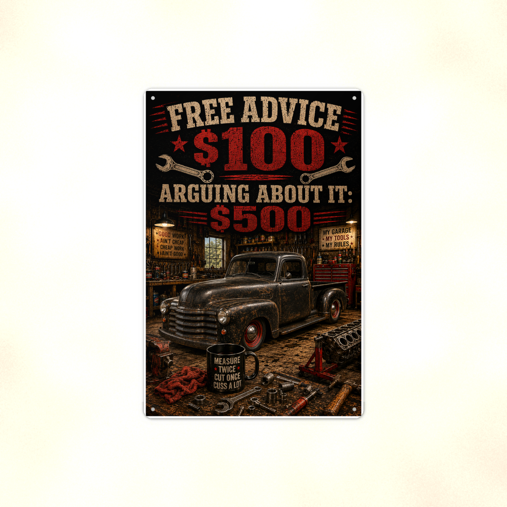Free Advice, Arguing Costs Extra - Funny Garage Metal Sign 8x12 & 12x18 — Full product view