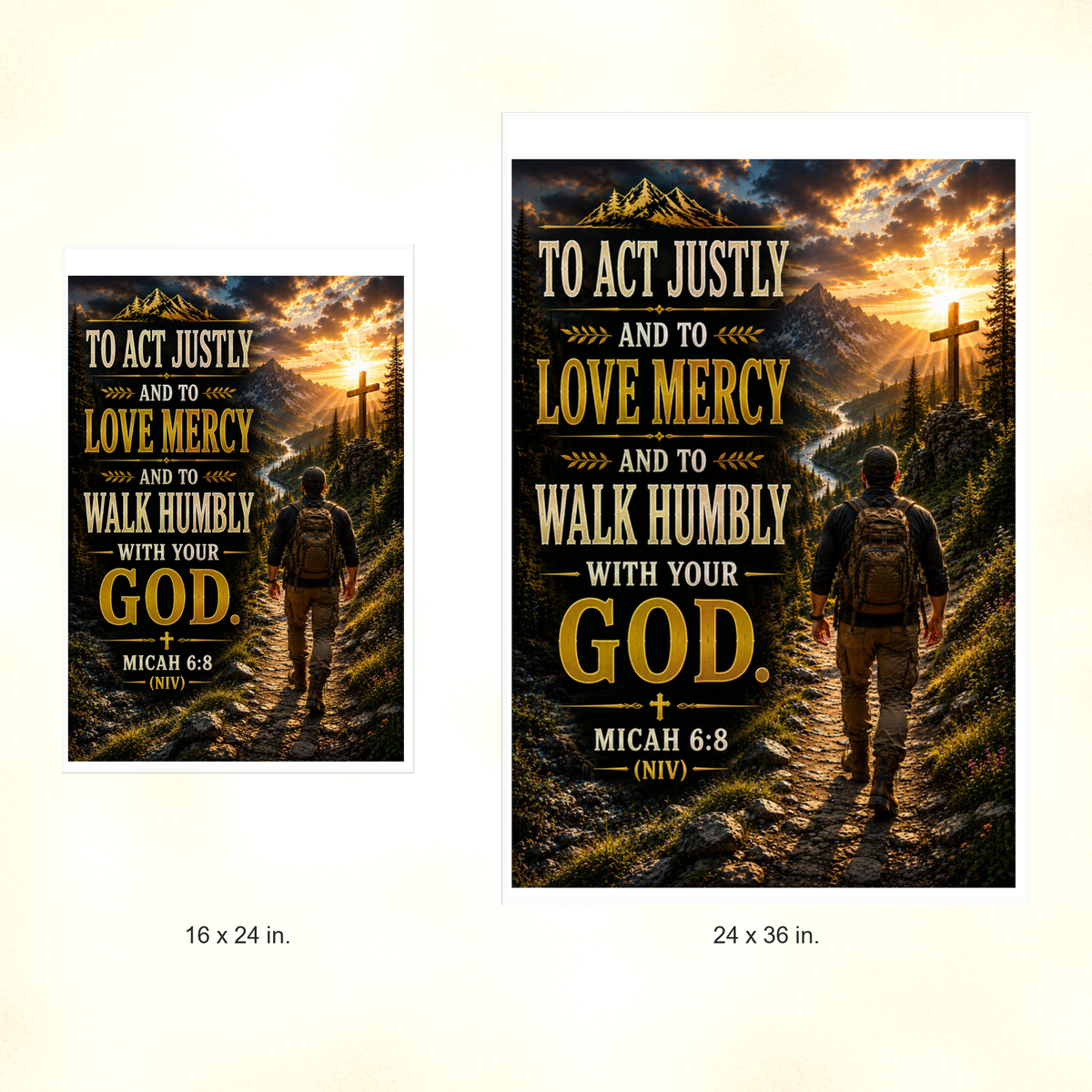 Poster size comparison: 16 x 24 inches and 24 x 36 inches, unframed.