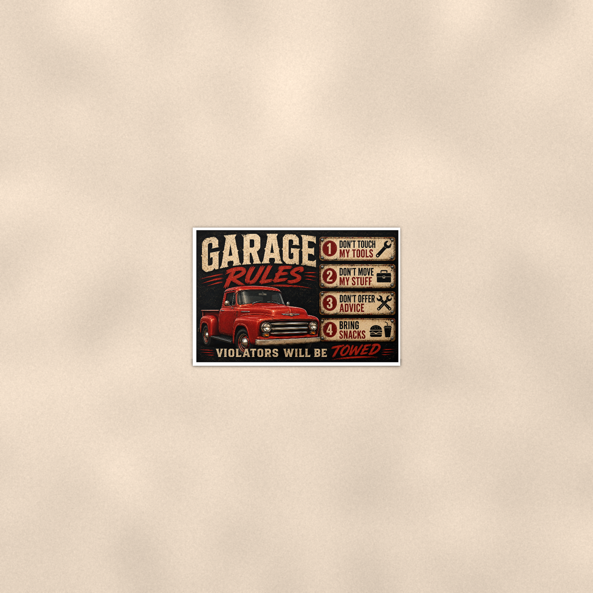 Garage Rules - Bring Snacks, Violators Towed, Funny Poster 16x24 & 24x36 — Room display