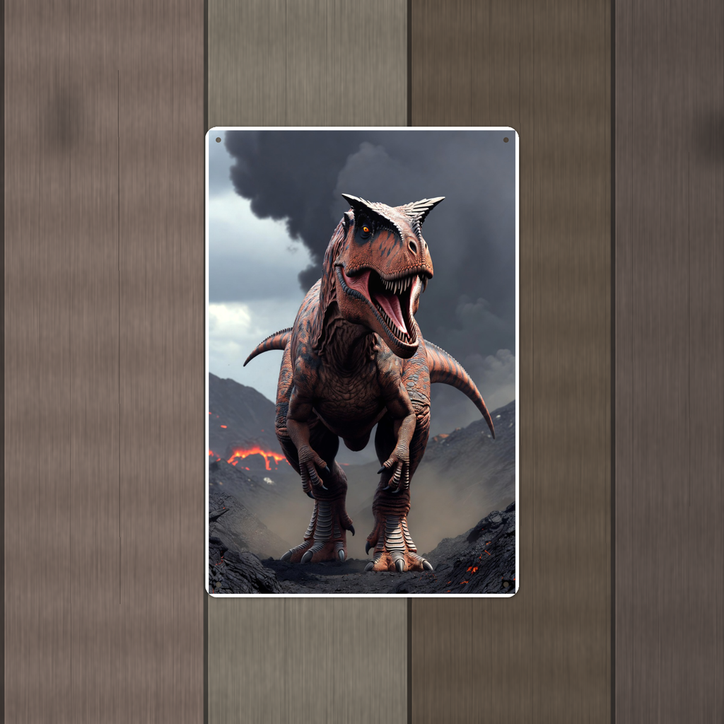 Carnotaurus Volcano Scene - Dinosaur Metal Sign 8x12 & 12x18, Aluminum Decor — Alternate wall view