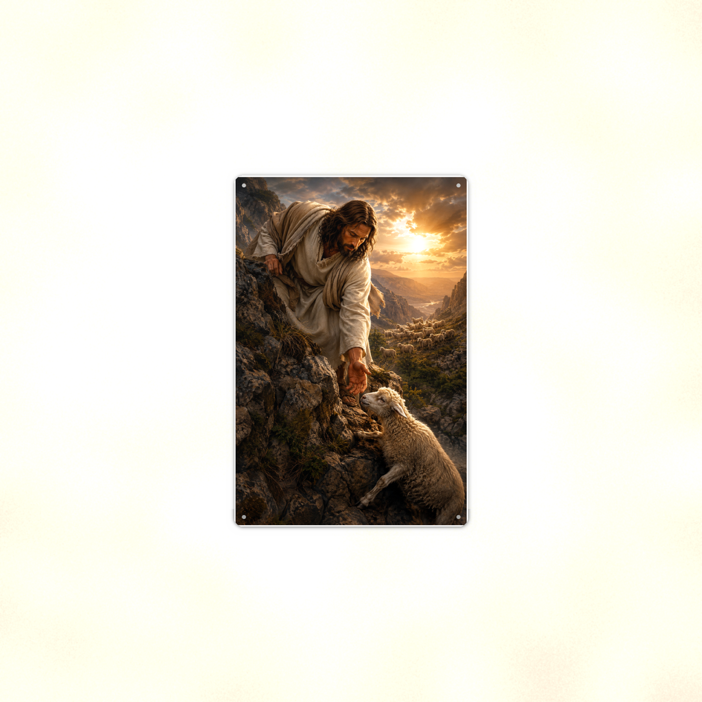 Jesus And The Lost Lamb - Christian Metal Sign 8x12 & 12x18 — Context view