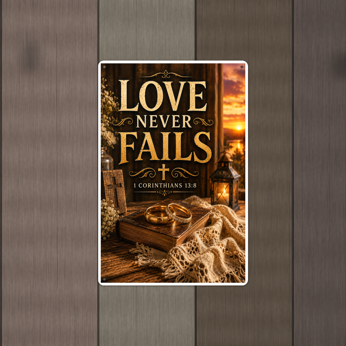 Love Never Fails - 1 Corinthians 13:8, Christian Metal Sign 8x12 & 12x18 — Alternate wall view