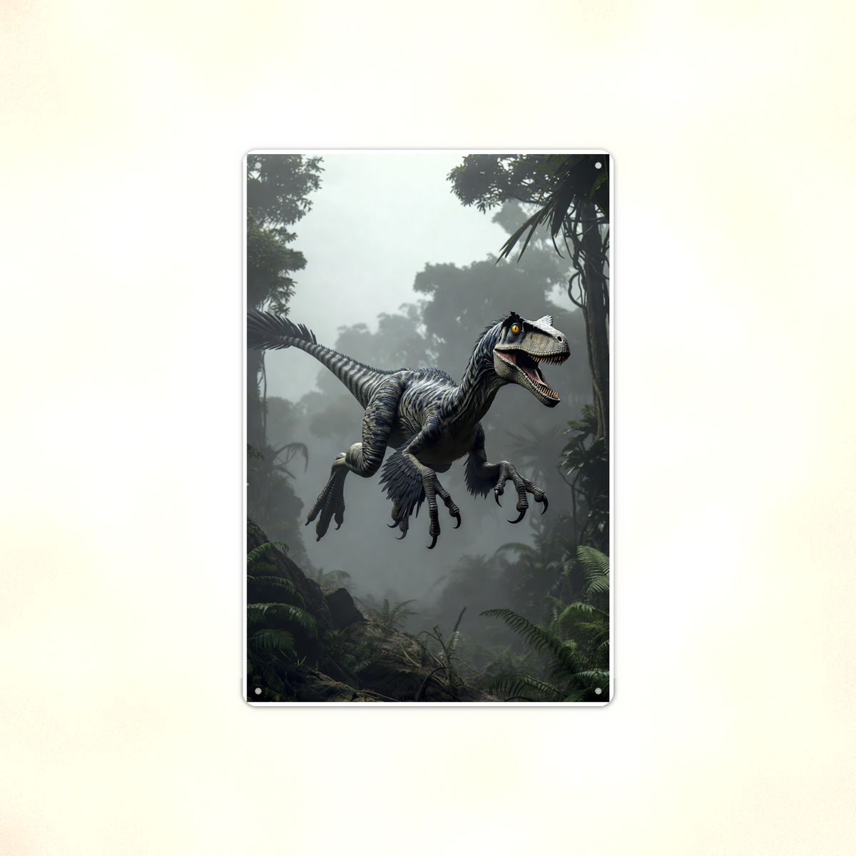 Feathered Raptor Leaping - Dinosaur Metal Sign 8x12 & 12x18, Aluminum Decor — Full product view
