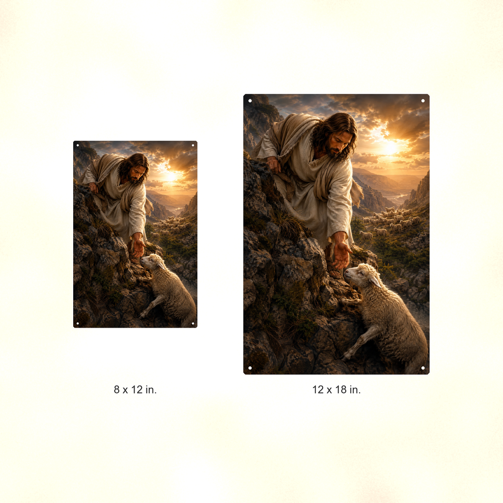 Jesus And The Lost Lamb - Christian Metal Sign 8x12 & 12x18 — Size options comparison