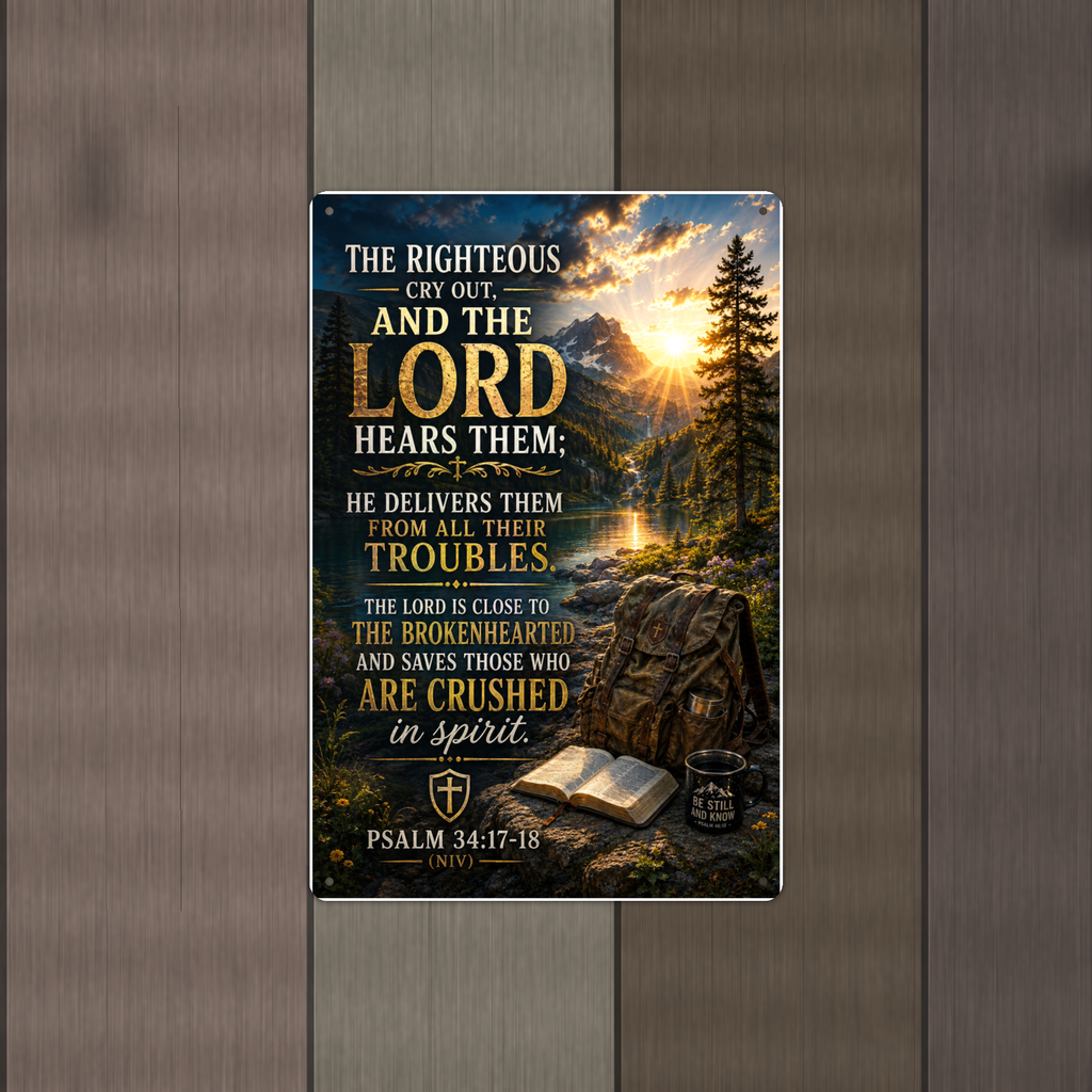 The Righteous Cry Out, And The Lord Hears Them - Psalm 34:17-18, Christian Metal Sign 8x12 & 12x18 — Alternate wall view