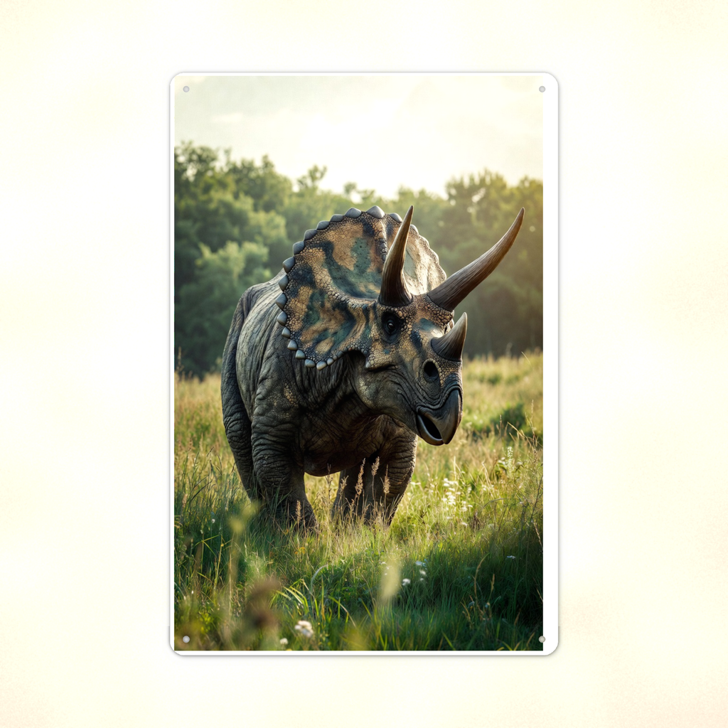 Triceratops Meadow Scene - Dinosaur Metal Sign 8x12 & 12x18, Aluminum Decor — Print detail