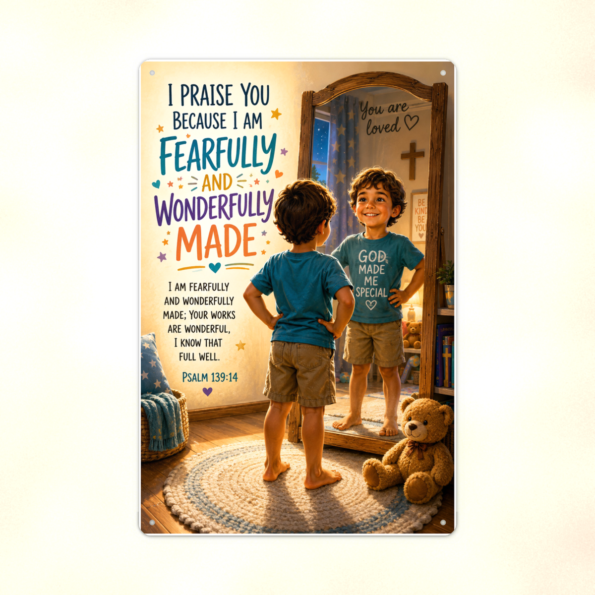 I Am Fearfully And Wonderfully Made - Psalm 139:14, Boy's Christian Metal Sign 8x12 & 12x18 — Print detail