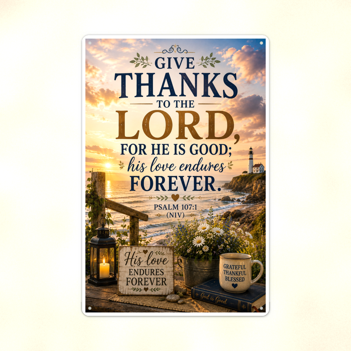 Give Thanks To The Lord For He Is Good - Psalm 107:1, Christian Metal Sign 8x12 & 12x18 — Print detail