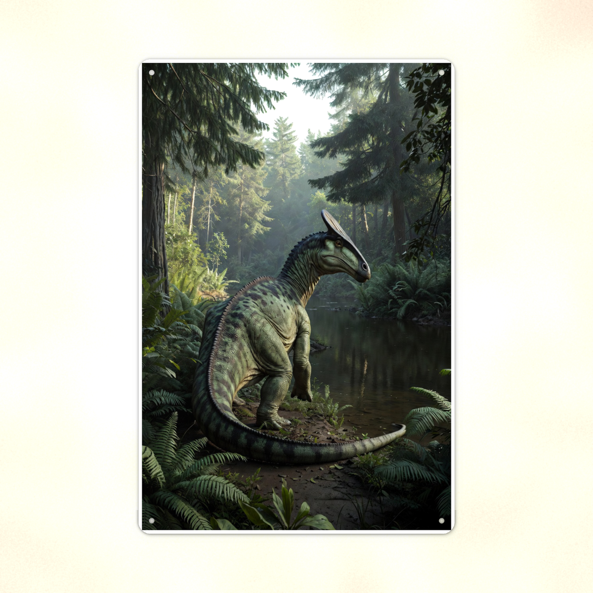 Crested Dinosaur River Scene - Metal Sign 8x12 & 12x18, Aluminum Kids Room Decor — Print detail