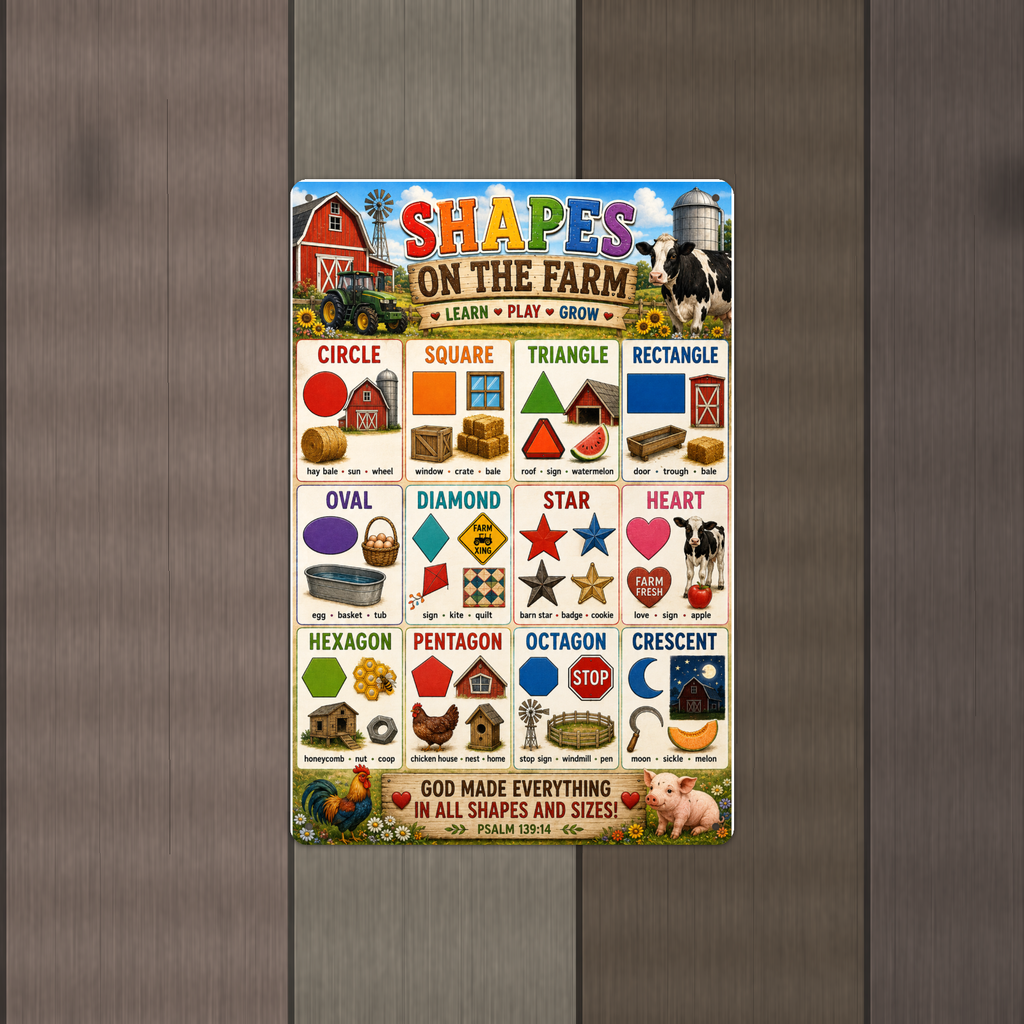 Shapes on the Farm - Psalm 139:14 Scripture, Kids Christian Metal Sign 8x12 & 12x18, Homeschool Classroom Decor — Alternate wall view