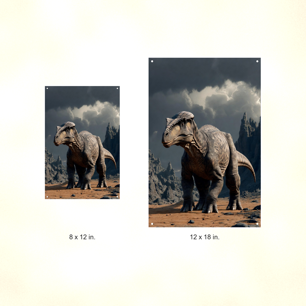 Dome Head Dinosaur, Storm Mountain Scene - Metal Sign 8x12 & 12x18 — Size options comparison