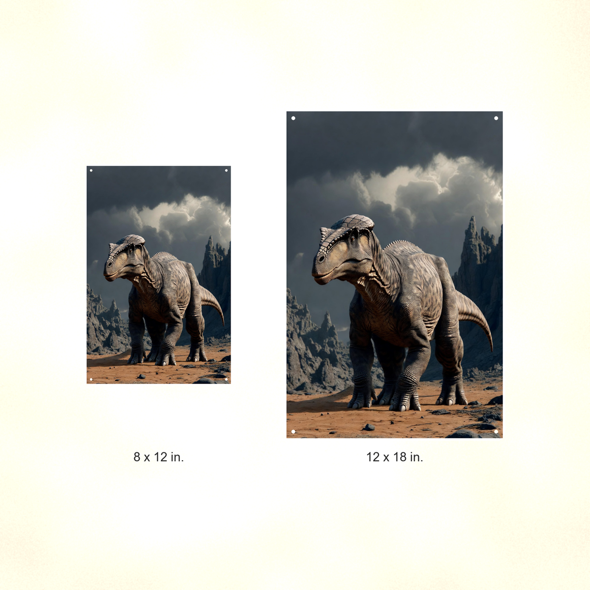 Dome Head Dinosaur, Storm Mountain Scene - Metal Sign 8x12 & 12x18 — Size options comparison