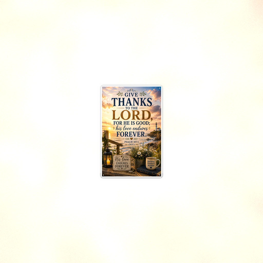 Give Thanks To The Lord For He Is Good - Psalm 107:1, Christian Metal Sign 8x12 & 12x18 — Room display