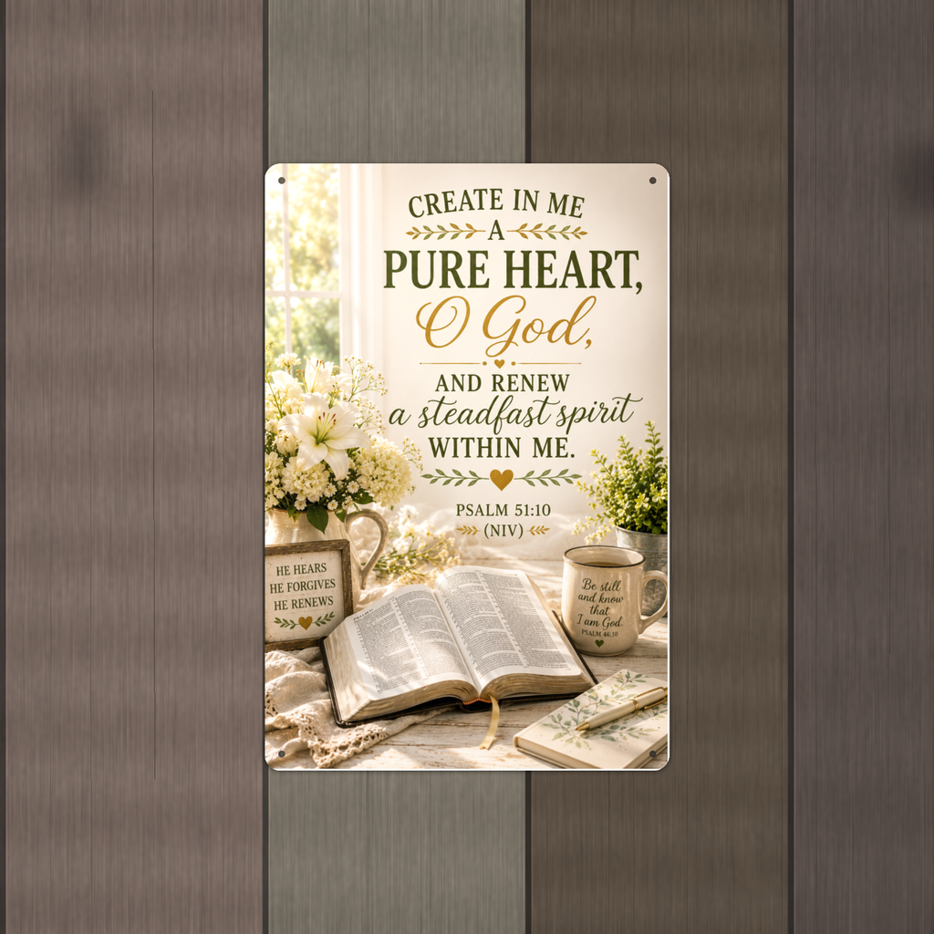 Create In Me A Pure Heart, O God - Psalm 51:10, Christian Metal Sign 8x12 & 12x18 — Alternate wall view