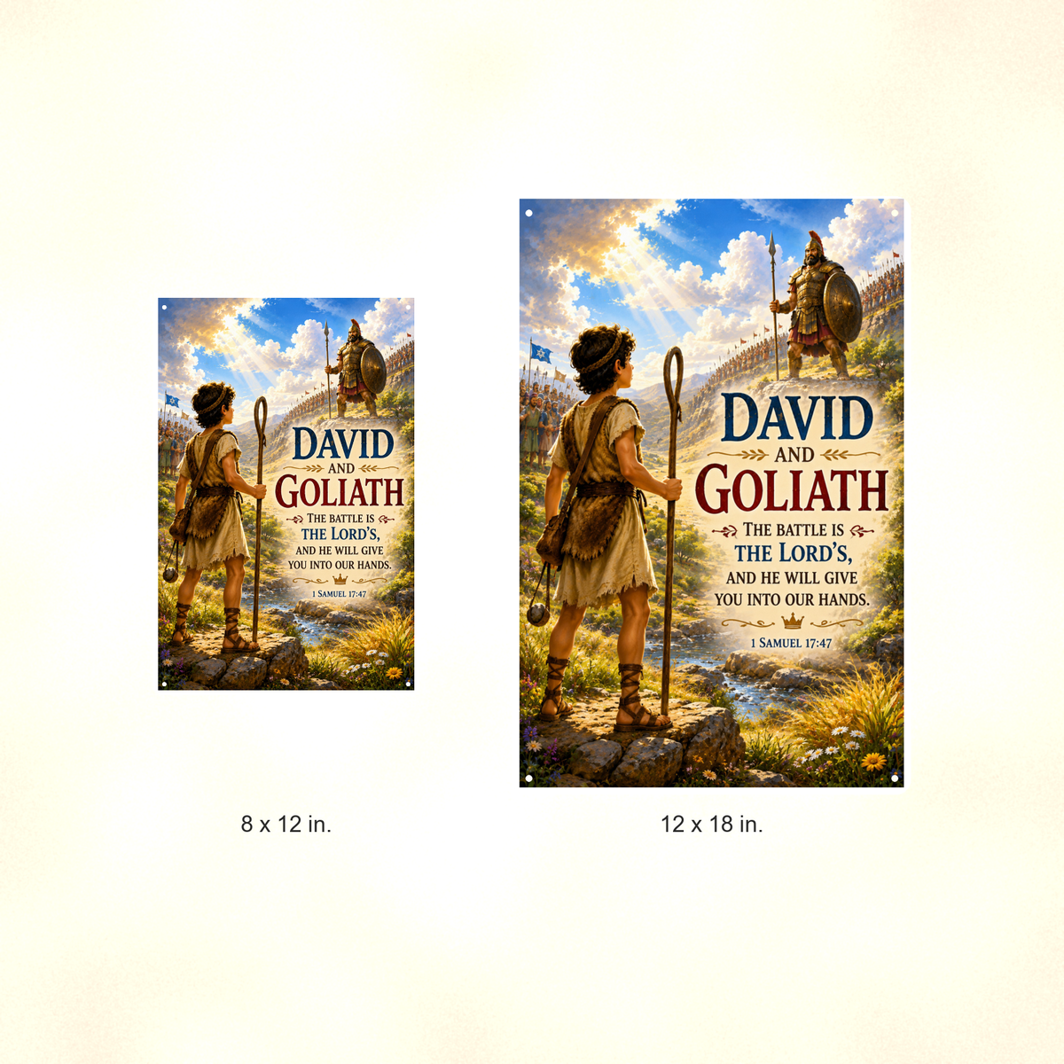 David And Goliath - 1 Samuel 17:47, Christian Metal Sign 8x12 & 12x18 — Size options comparison