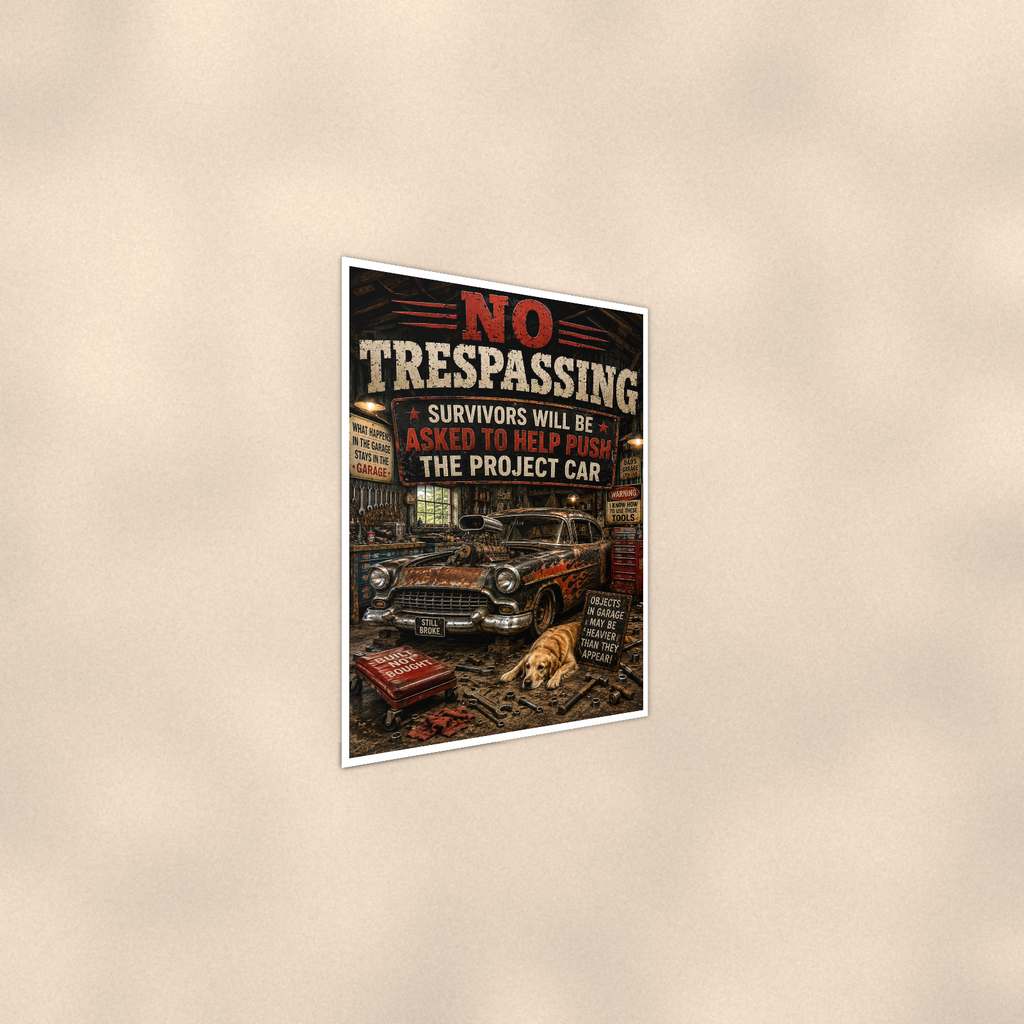 No Trespassing - Help Push The Project Car, Funny Poster 16x24 & 24x36 — Alternate wall view