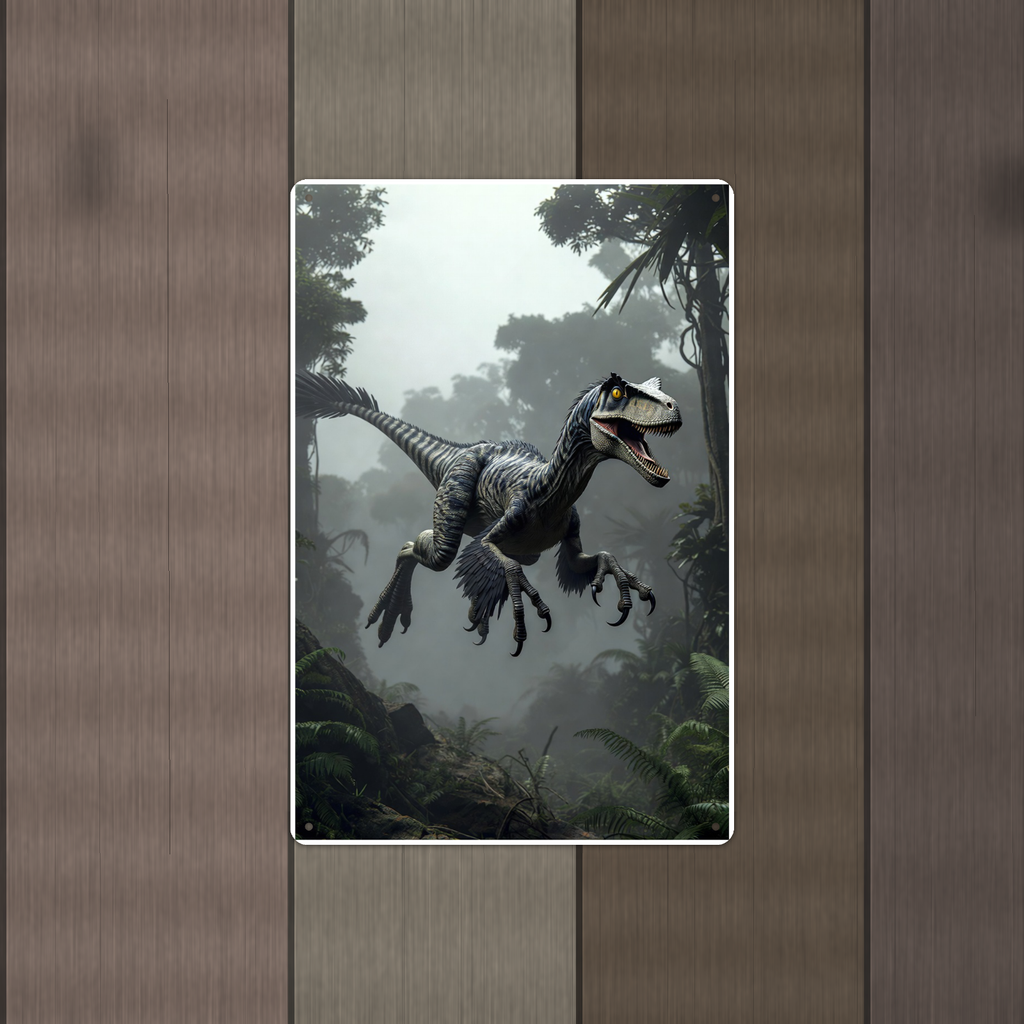 Feathered Raptor Leaping - Dinosaur Metal Sign 8x12 & 12x18, Aluminum Decor — Alternate wall view