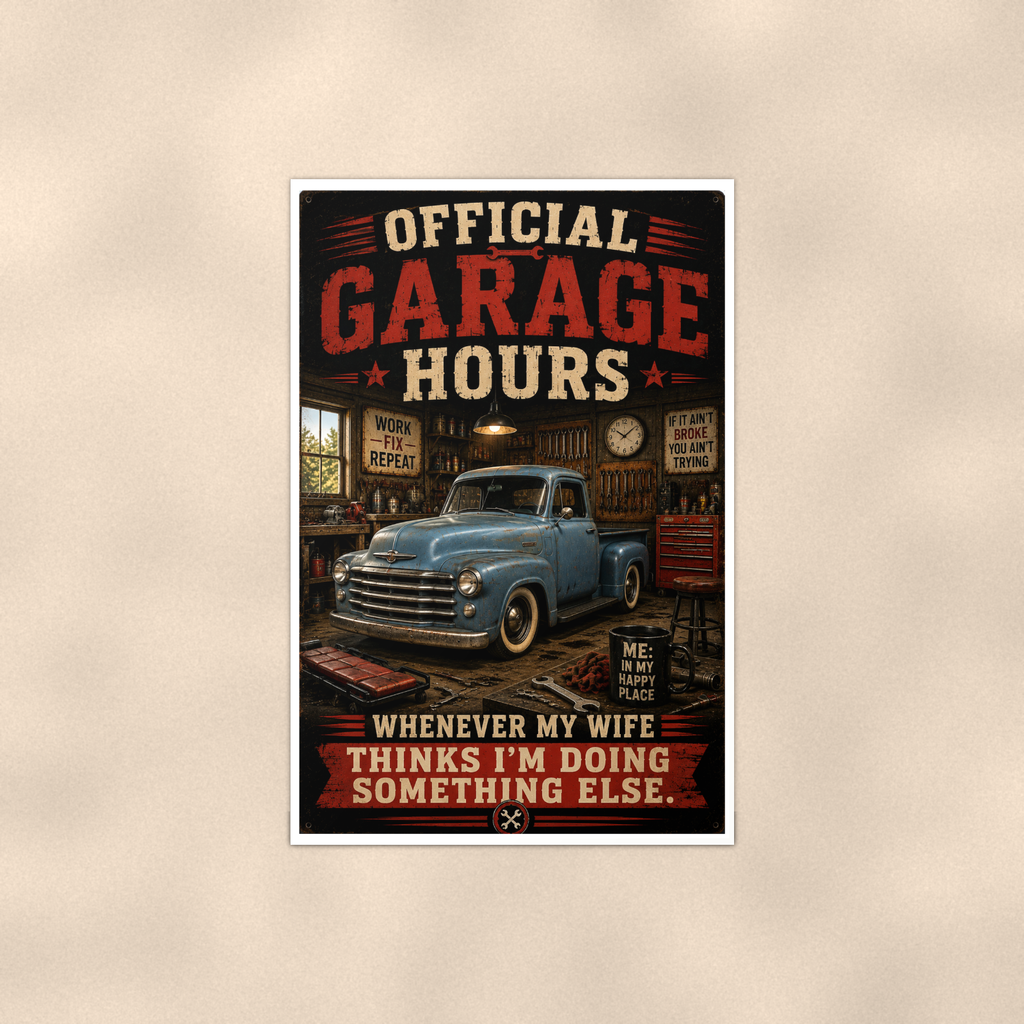 Official Garage Hours - Wife Thinks I'm Elsewhere, Poster 16x24 & 24x36 — Full product view