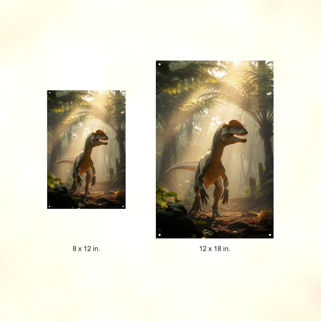Dilophosaurus Jungle Scene - Dinosaur Metal Sign 8x12 & 12x18, Aluminum Decor — Size options comparison