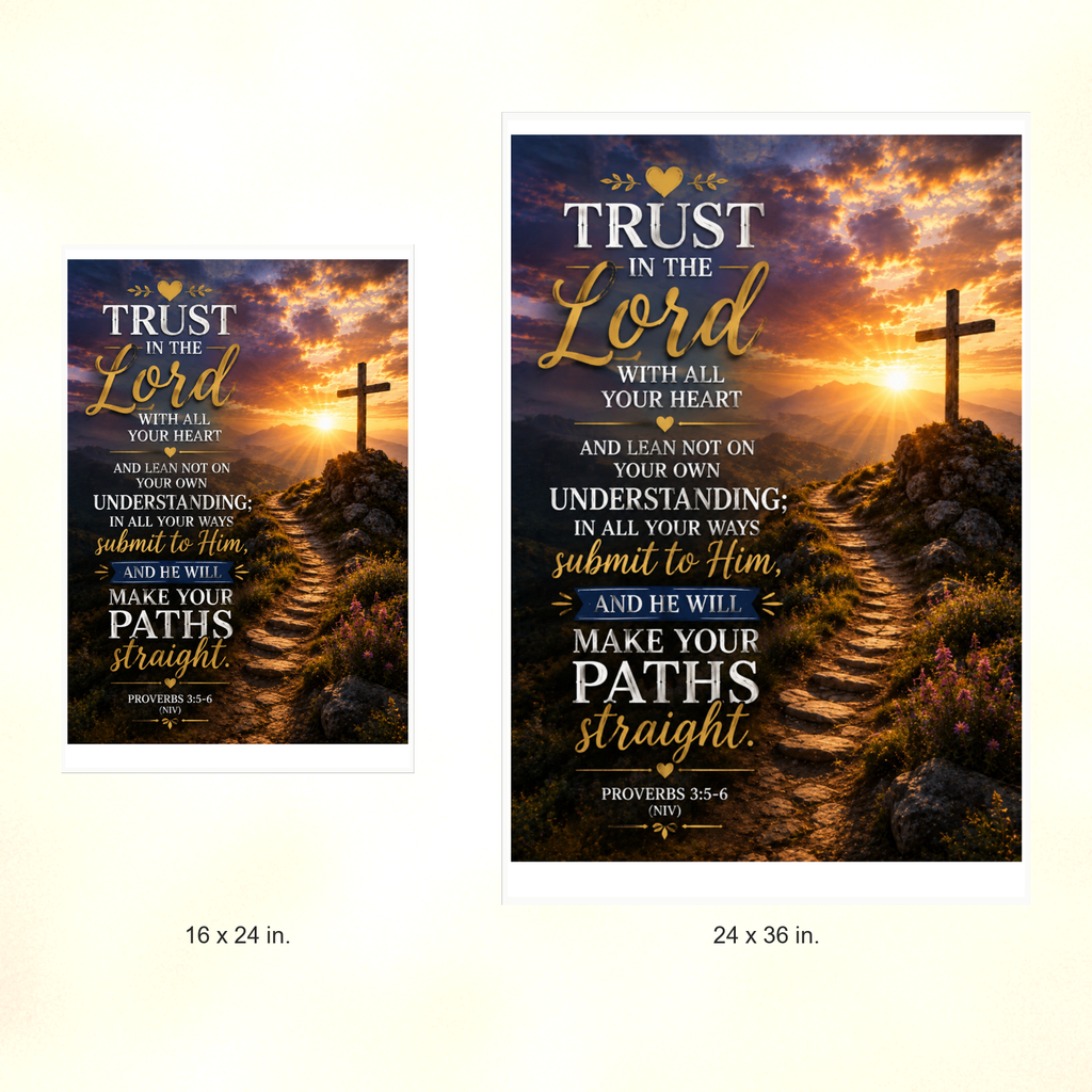 Poster size comparison: 16 x 24 inches and 24 x 36 inches, unframed.