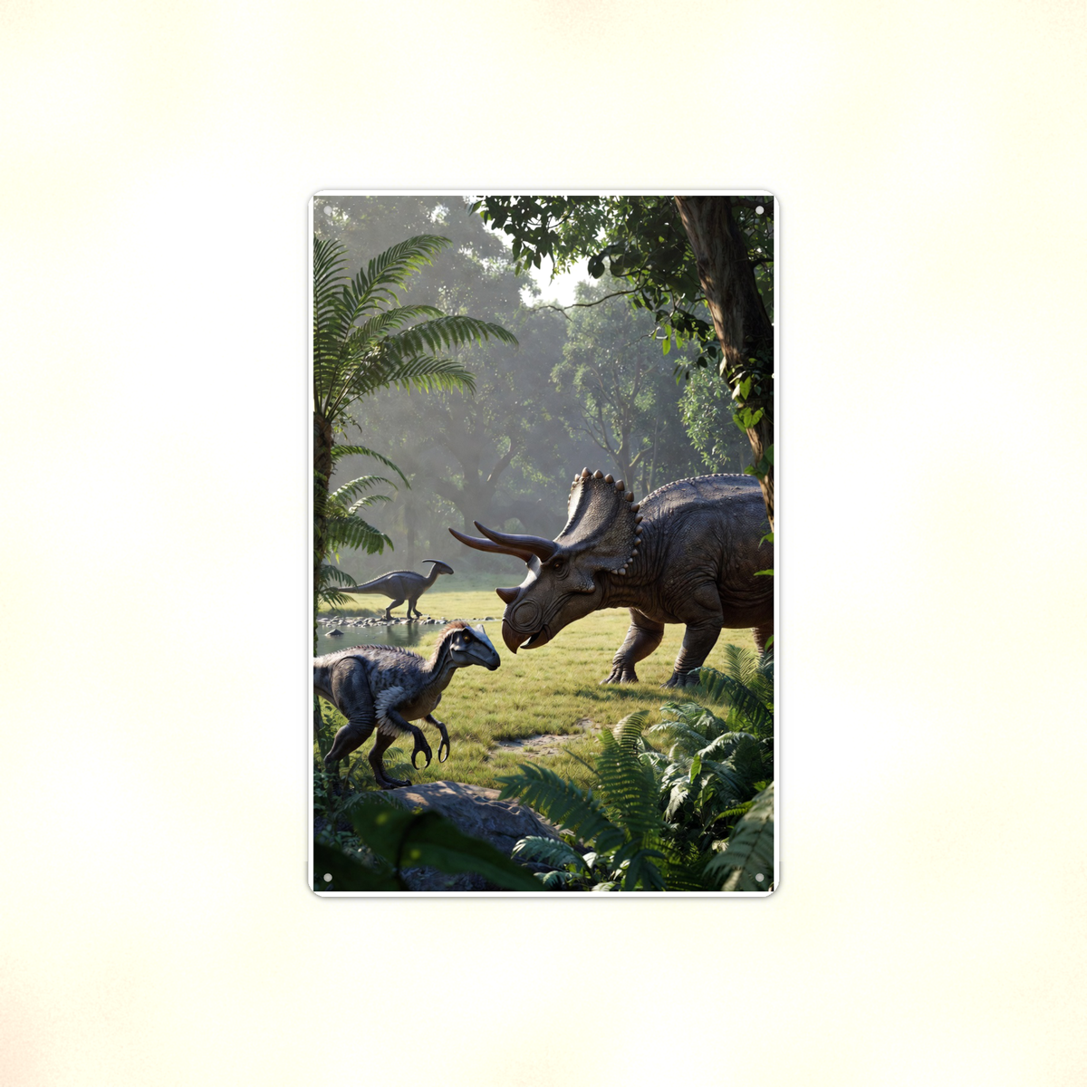 Triceratops Waterhole Scene - Dinosaur Metal Sign 8x12 & 12x18, Aluminum Decor — Full product view