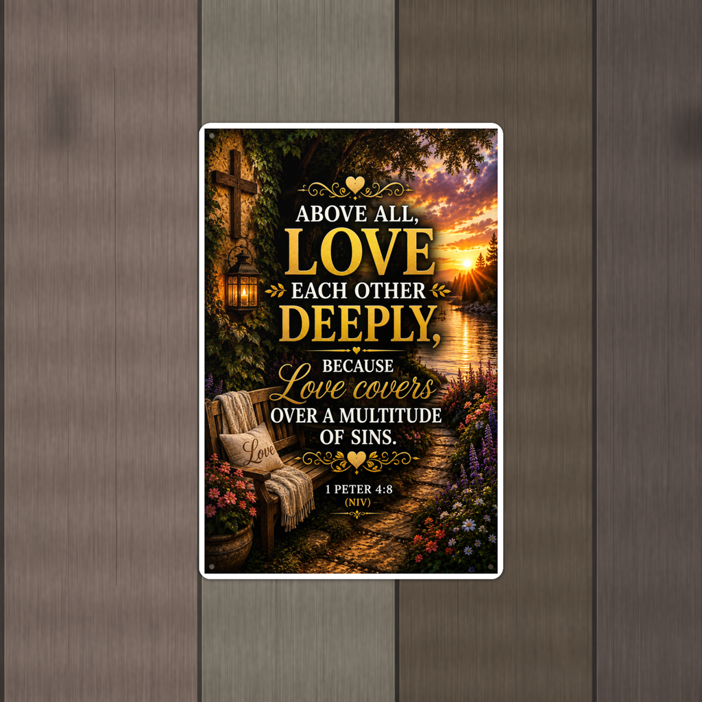 Above All Love Each Other Deeply - 1 Peter 4:8, Christian Metal Sign 8x12 & 12x18 — Alternate wall view