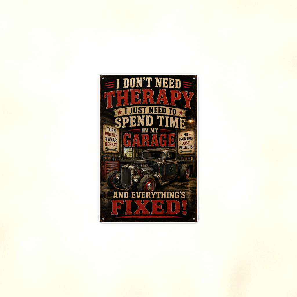 I Don't Need Therapy, Spend Time In My Garage - Funny Metal Sign 8x12 & 12x18 — Context view