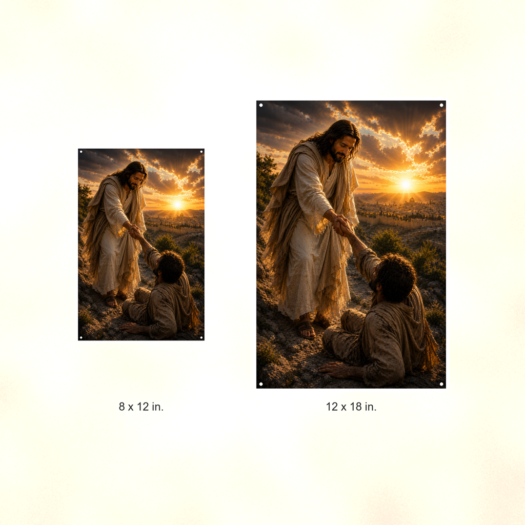 Jesus Lifting A Fallen Man - Christian Metal Sign 8x12 & 12x18 — Size options comparison