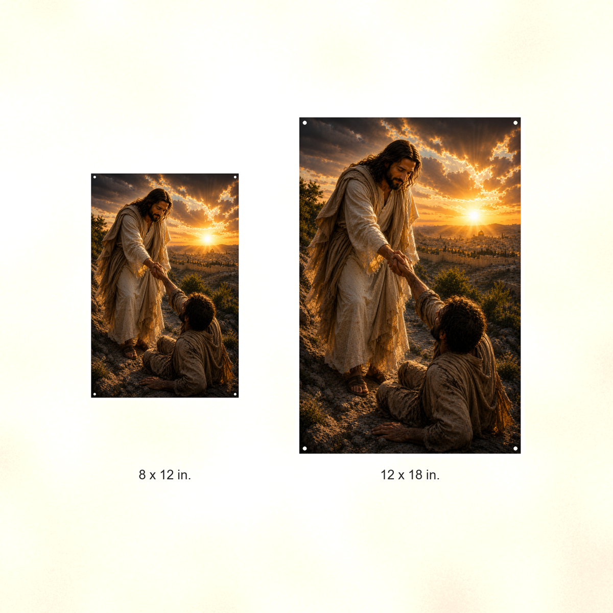 Jesus Lifting A Fallen Man - Christian Metal Sign 8x12 & 12x18 — Size options comparison