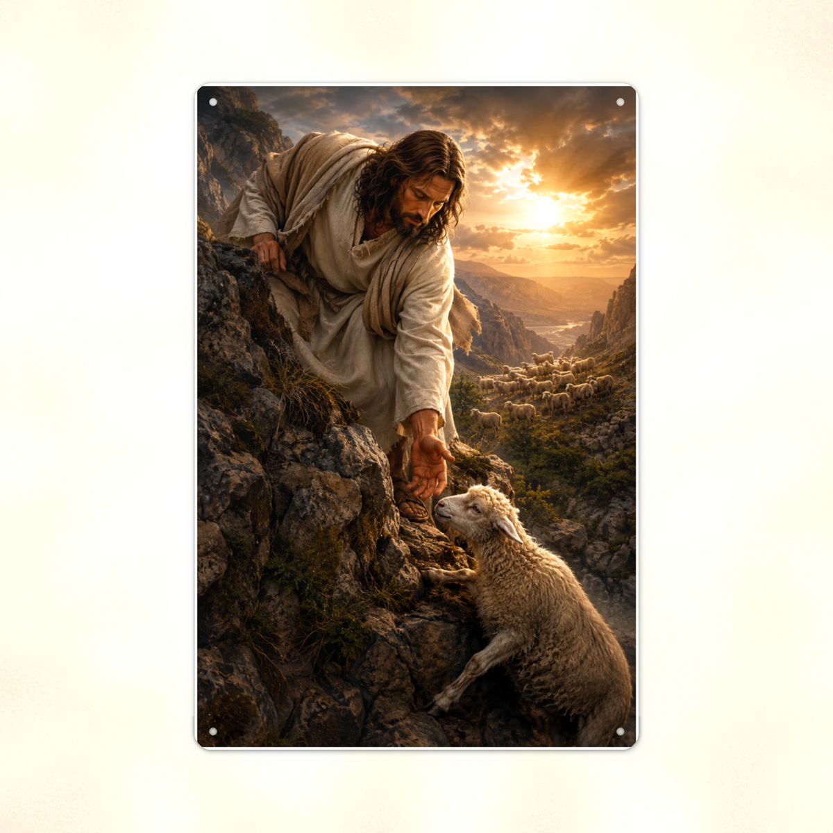 Jesus And The Lost Lamb - Christian Metal Sign 8x12 & 12x18 — Print detail