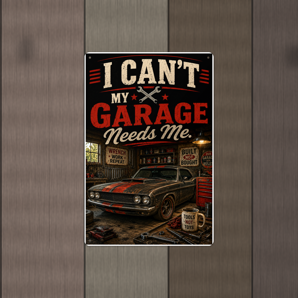 I Can't, My Garage Needs Me - Funny Metal Sign 8x12 & 12x18 — Alternate wall view