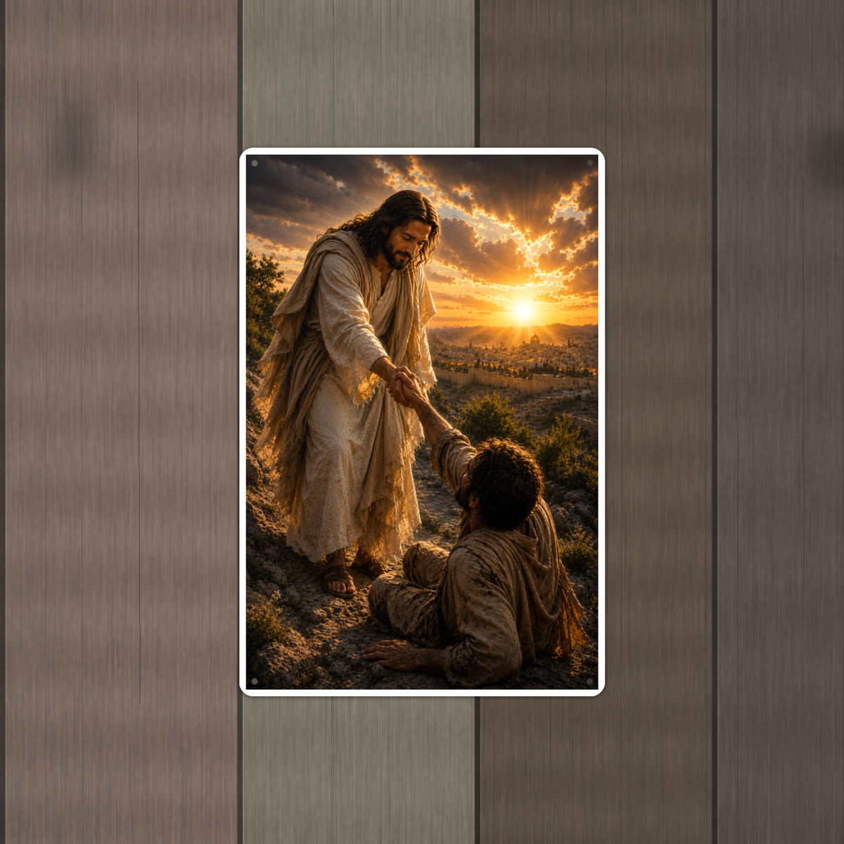 Jesus Lifting A Fallen Man - Christian Metal Sign 8x12 & 12x18 — Alternate wall view