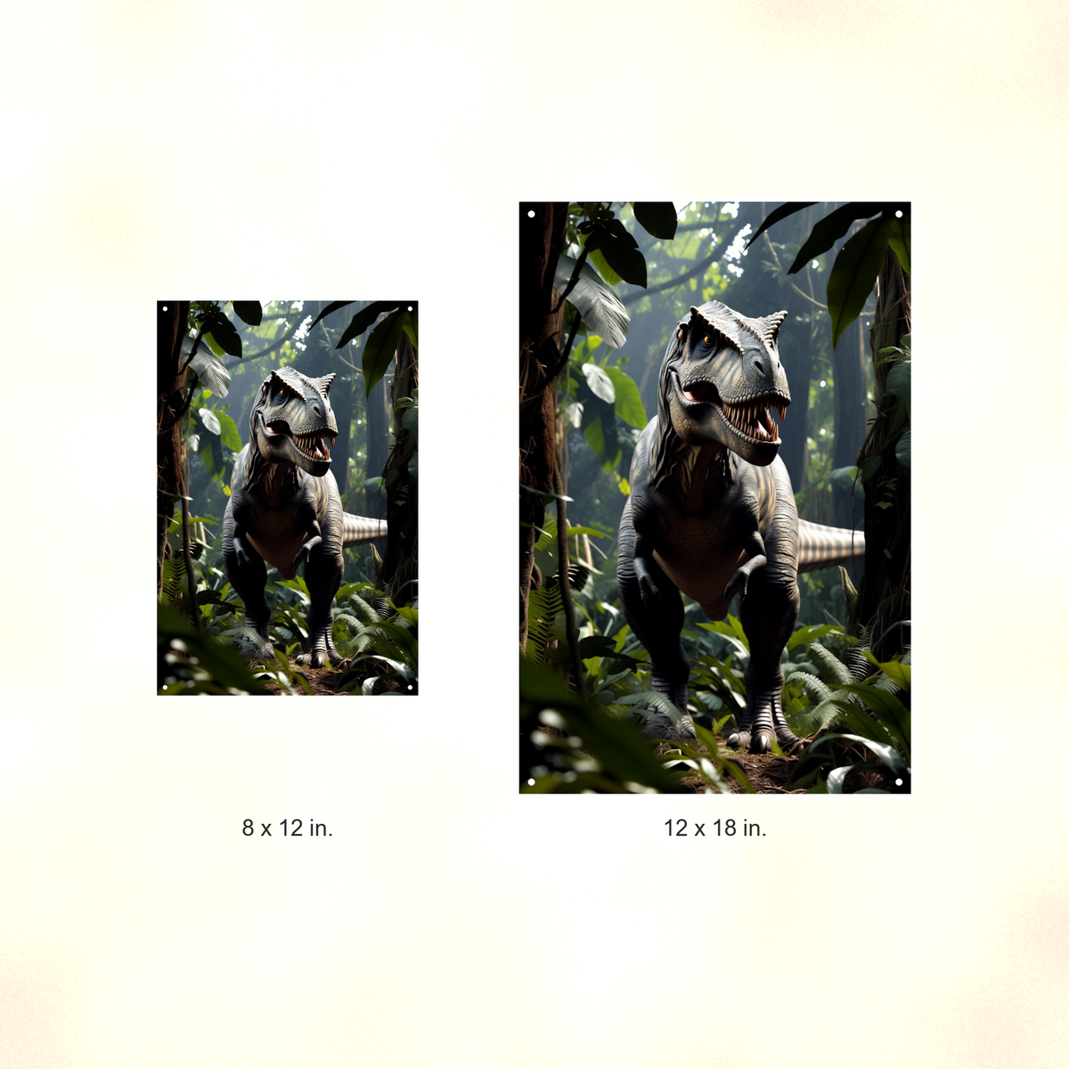 T-Rex Jungle Roar - Dinosaur Metal Sign 8x12 & 12x18, Aluminum Kids Room Decor — Size options comparison