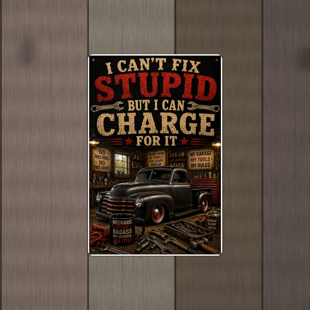 I Can't Fix Stupid But Charge For It - Funny Garage Metal Sign 8x12 & 12x18 — Alternate wall view