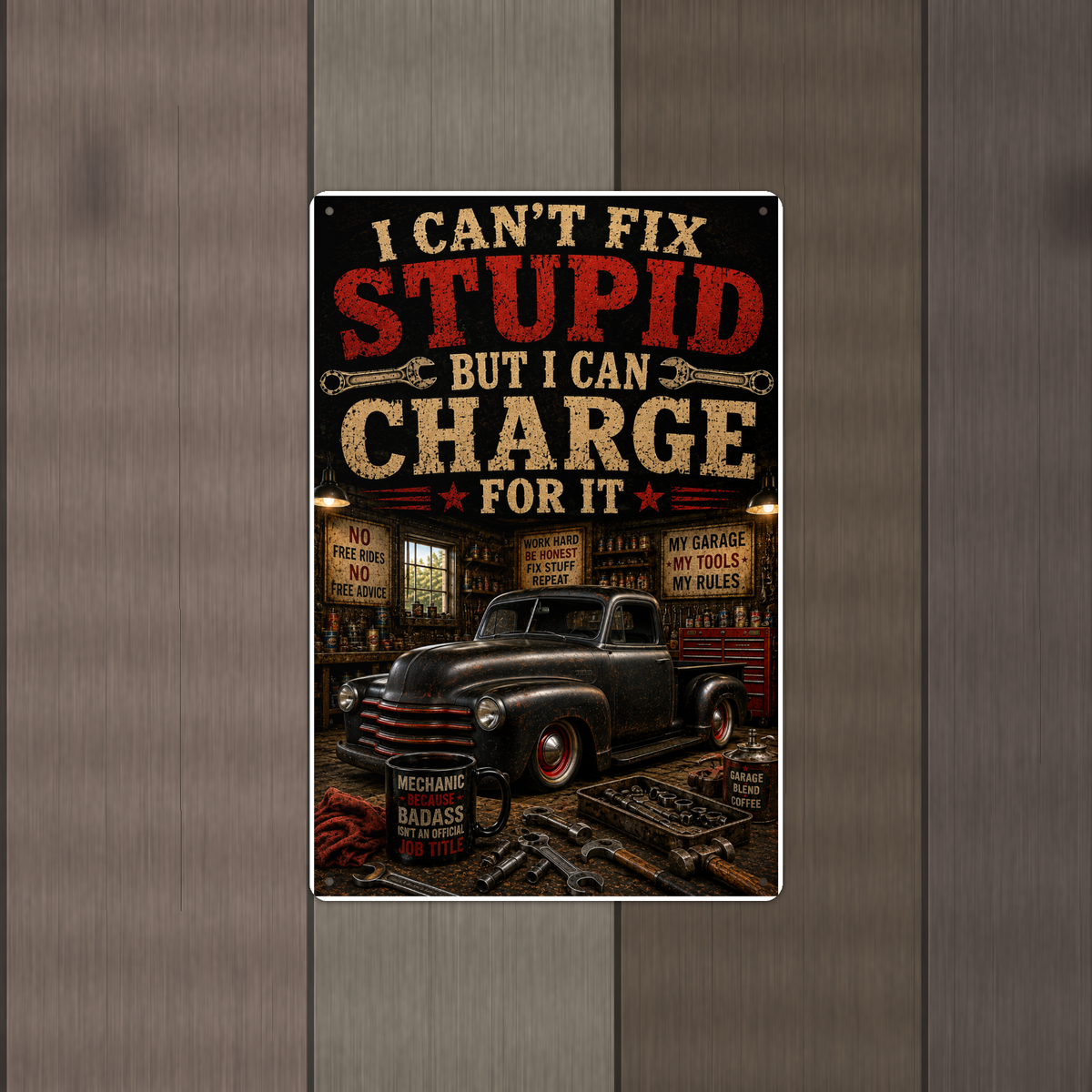 I Can't Fix Stupid But Charge For It - Funny Garage Metal Sign 8x12 & 12x18 — Alternate wall view