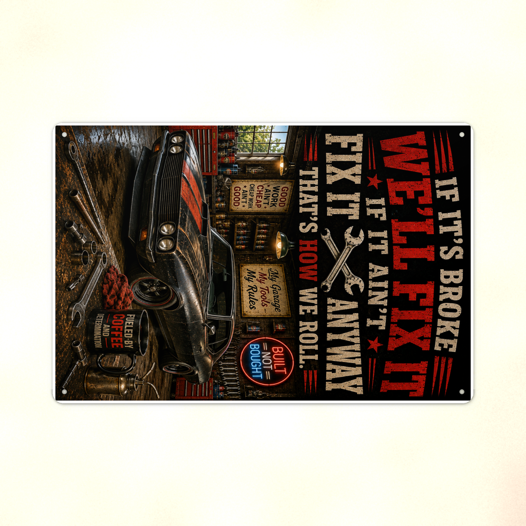 If Broke We'll Fix It Anyway - Funny Garage Metal Sign 8x12 & 12x18 — Print detail