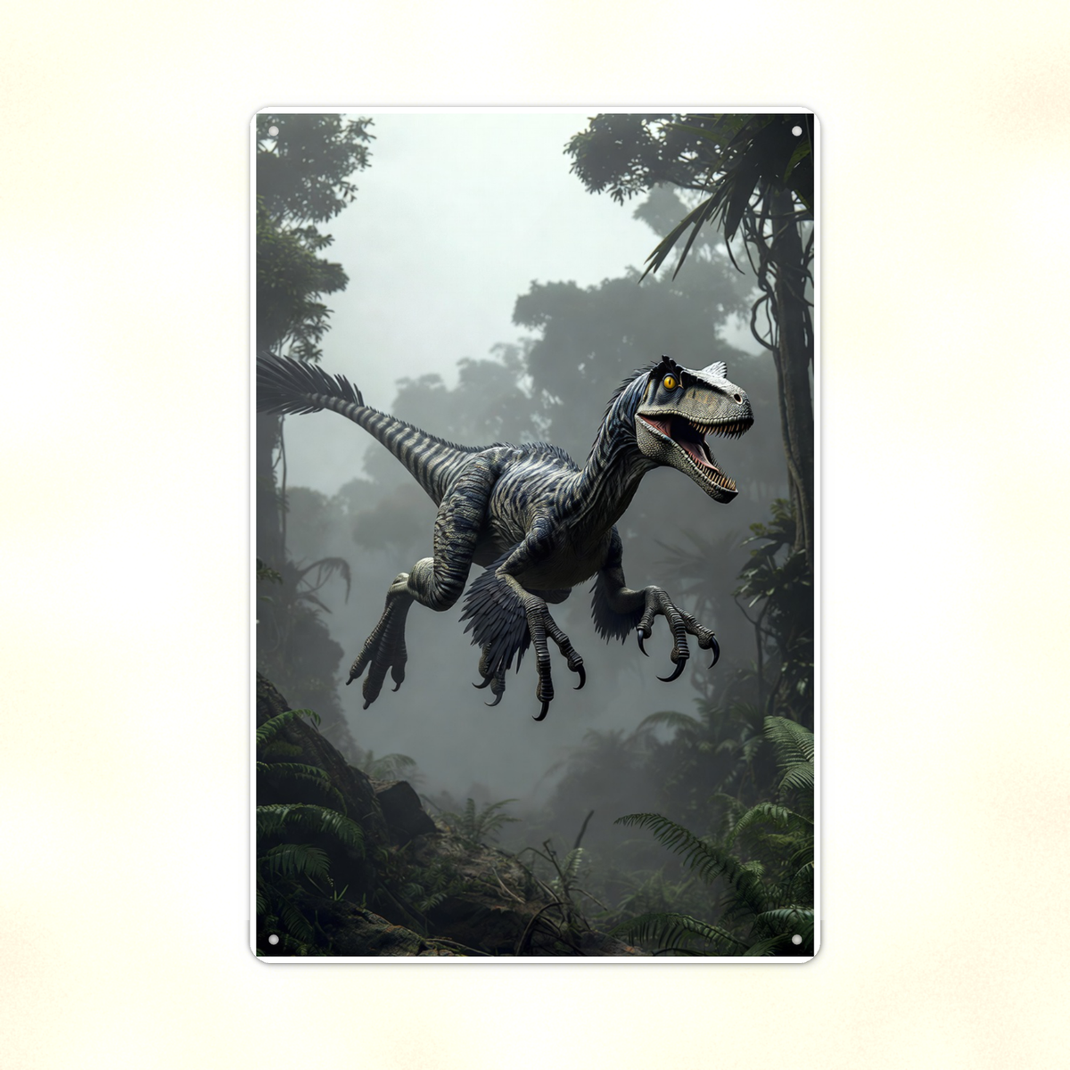 Feathered Raptor Leaping - Dinosaur Metal Sign 8x12 & 12x18, Aluminum Decor — Print detail