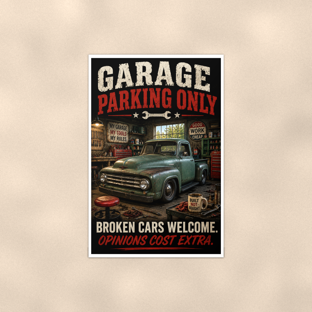 Garage Parking Only - Broken Cars Welcome, Funny Poster 16x24 & 24x36 — Full product view