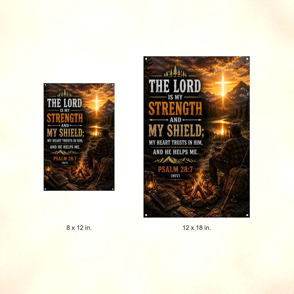 The Lord Is My Strength And Shield - Psalm 28:7, Christian Metal Sign 8x12 & 12x18 — Size options comparison