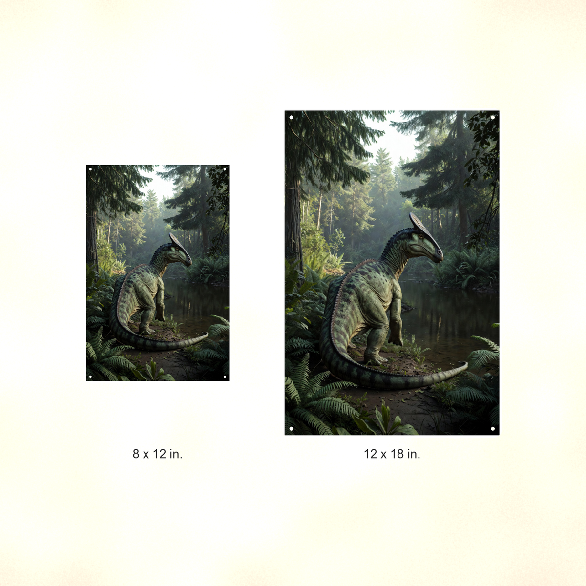 Crested Dinosaur River Scene - Metal Sign 8x12 & 12x18, Aluminum Kids Room Decor — Size options comparison