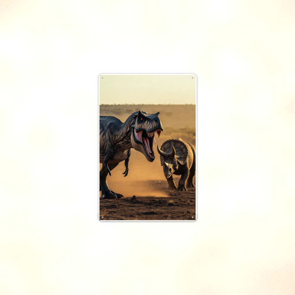 T-Rex Versus Triceratops - Dinosaur Metal Sign 8x12 & 12x18, Aluminum Decor — Context view
