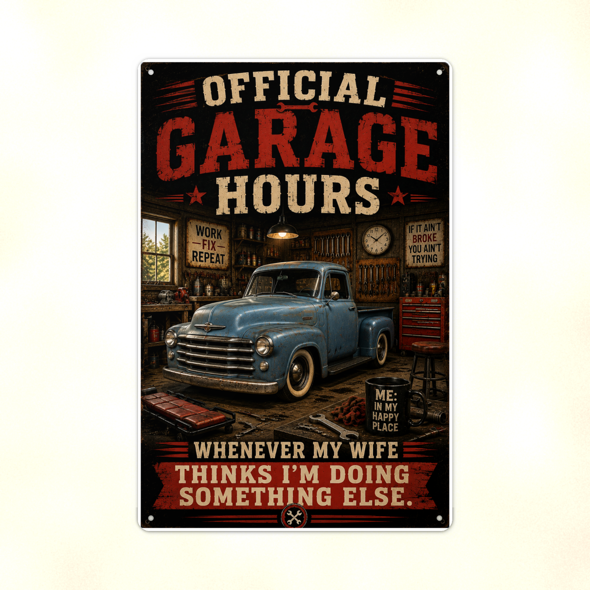 Official Garage Hours - Wife Thinks I'm Elsewhere, Metal Sign 8x12 & 12x18 — Print detail