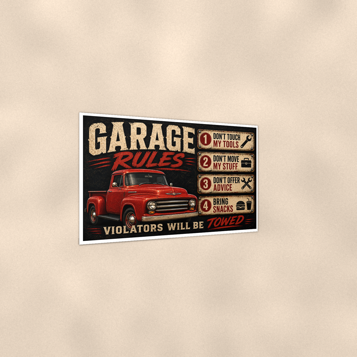 Garage Rules - Bring Snacks, Violators Towed, Funny Poster 16x24 & 24x36 — Print detail